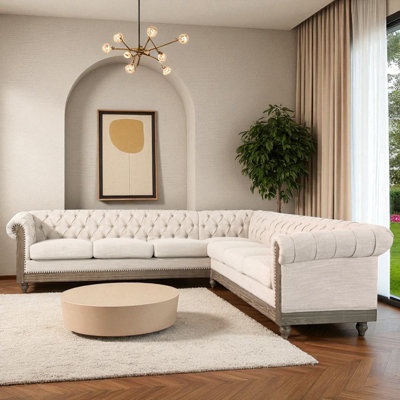 L-Shape 104.02" Wide Symmetrical Upholstered Sectional With Chesterfield Design & Solid Wood Legs