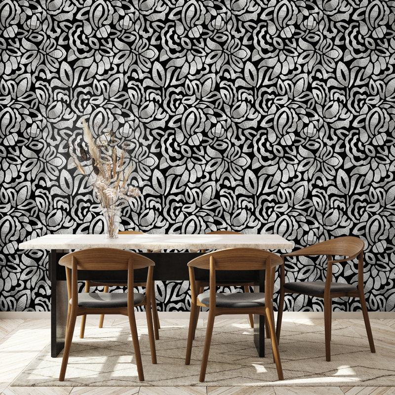 Chelchowska Pepper Collection Flocked Fabric Brussels Lace Lana 10.05m x 53cm Wallpaper Roll, Black