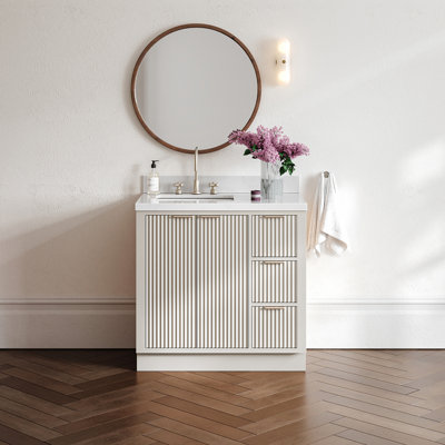 Haun 36'' Solid Wood Single Bathroom Vanity with 1.5'' Carrara Quartz Top, Left Offset, Rectangular Sink