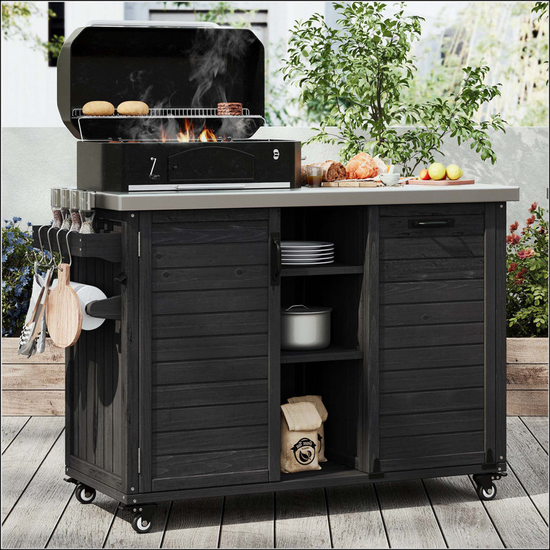 Îlot de cuisine 78,3 po avec table de barbecue pliable et plateau en acier inoxydable, Black