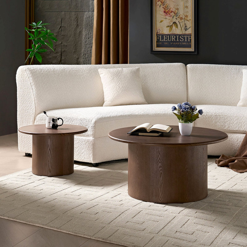 Ensemble de 2 tables basses, table basse ronde en panneau de fibres à densité moyenne pour salon, appartement et espace de loisirs en noyer