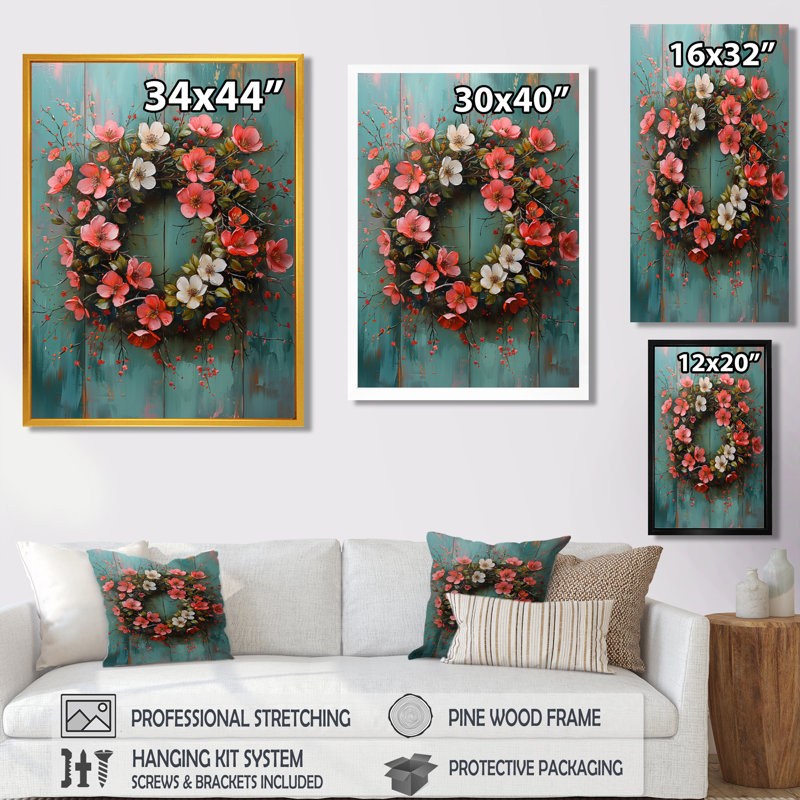 Rose, bleu, printemps, symphonie de couronne III - Couronne, art mural, H 30 po x l 40 po, Cadre flottant noir