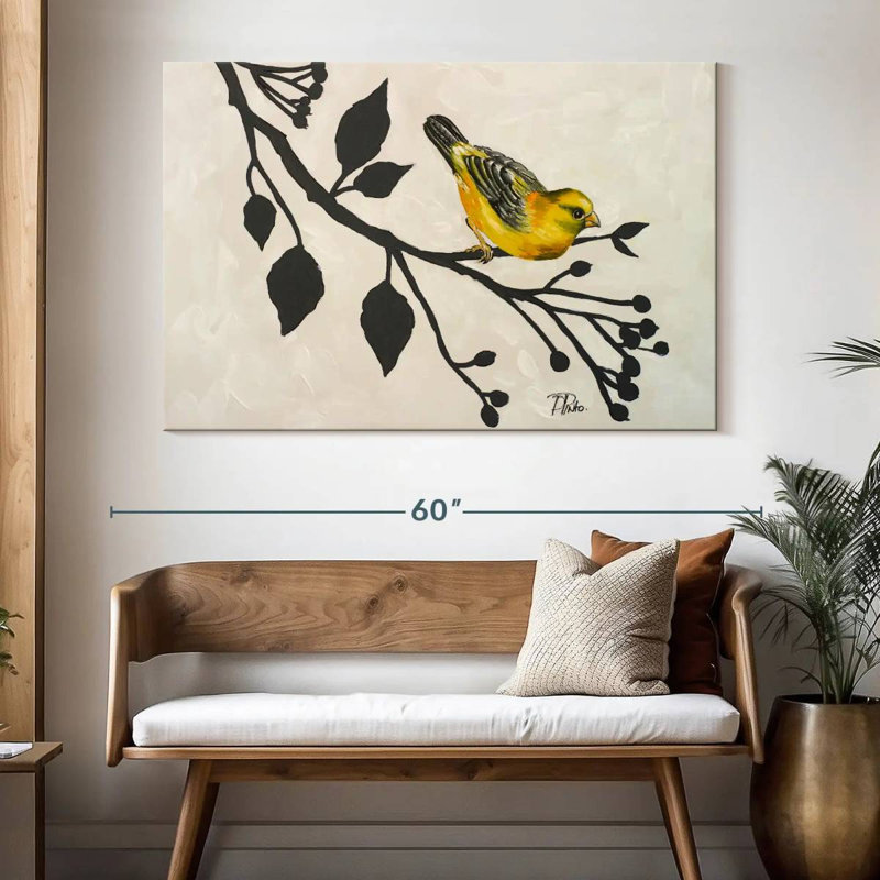 Brampt oiseau jaune sur la branche I, H 34 po x l 51 po