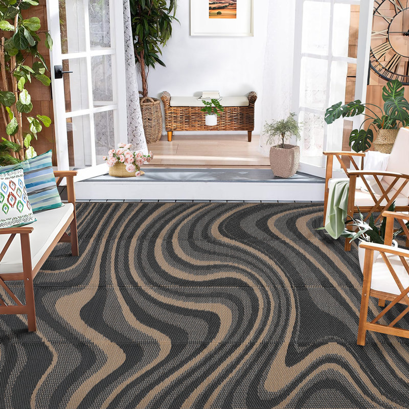 Outdoor Rug Reversible Outdoor Doormat Waterproof, Modern Plastic Straw, Abstract, Mark Resistant, Easy Clean, Portable, Low Pile, for Patio, Deck, Camping, RV