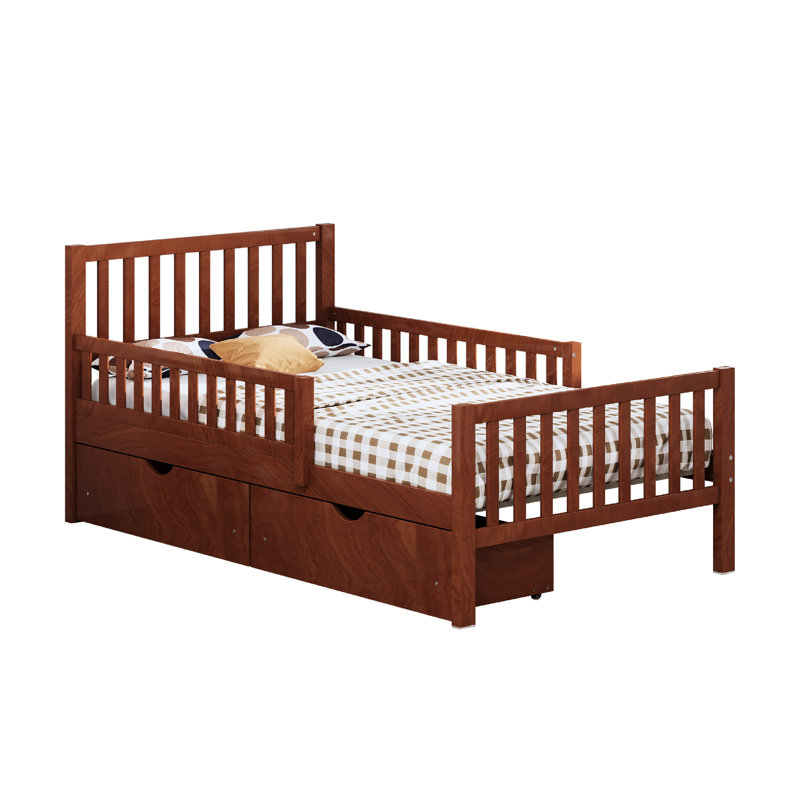 Lit simple, noyer, lit plateforme en bois, garde-corps, tiroirs de rangement, tête de lit droite, bois de pin massif, 8 supports uniformément espacés, tête de lit à solution d'optimisation d'espace, option