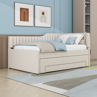 Upholstered Daybed with Three Drawers and Trundle