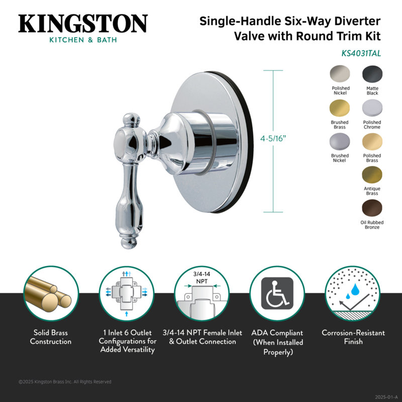 Kingston Brass Tudor Single-Handle Wall Mount Six-Way Diverter Valve with Trim Kit, Brushed Nickel