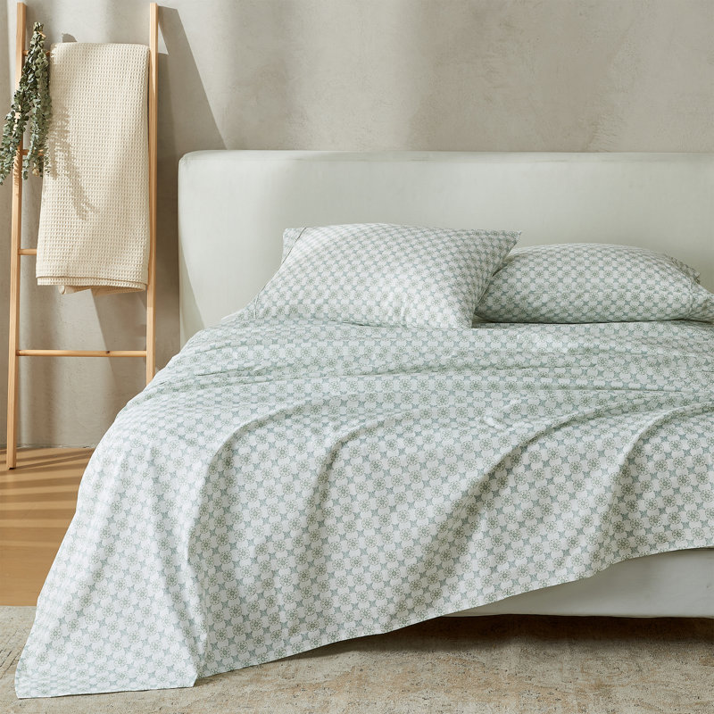 Ensemble de draps 100% coton à imprimé floral percale, Ensemble de draps pour lit simple avec 1 taie d'or, Blanc / sauge