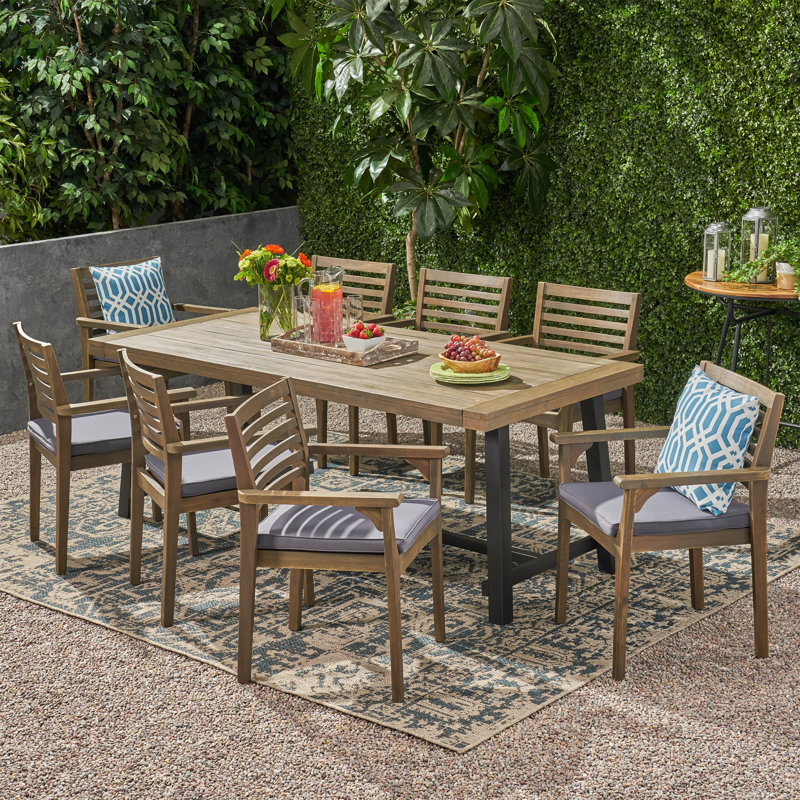 Efird 8 - Person Acacia Wood Patio Dining Set with Rectangular Table , Cushions Included, Gray