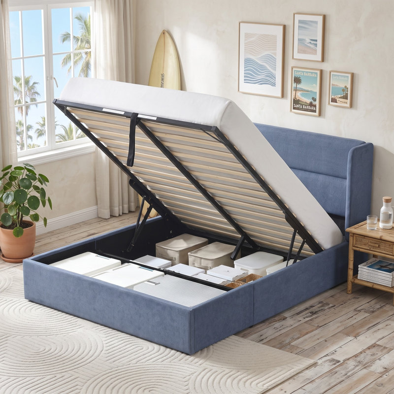 Lit plateforme tapissier avec rangement Gaillarde, Double, Bleu brume grisâtre