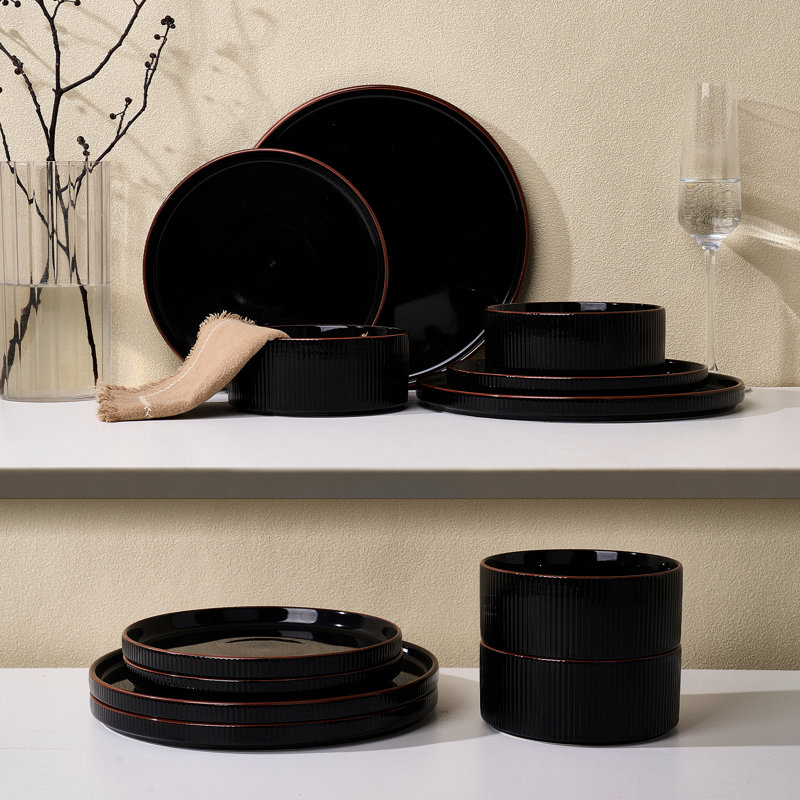 Service de table 12 pièces Star Porcelain, blanc, Noir lustré