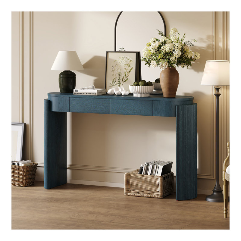 Table d'entrée avec finition grain de bois naturel, console avec conception cannelée, plateau ovale et 2 tiroirs pour l'entrée et le salon (bleu marine)
