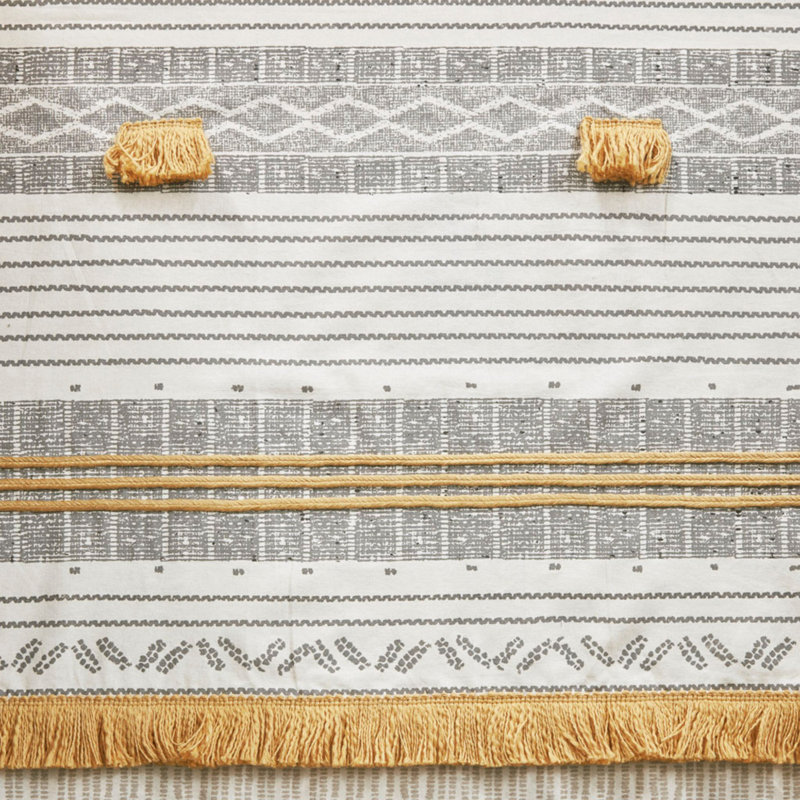 Gray and Yellow Cotton Striped Shower Curtain with Tassels