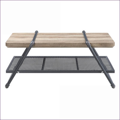 Table basse rustique en chêne et gris sable - Design robuste en bois-métal avec tablette en filet pour le salon