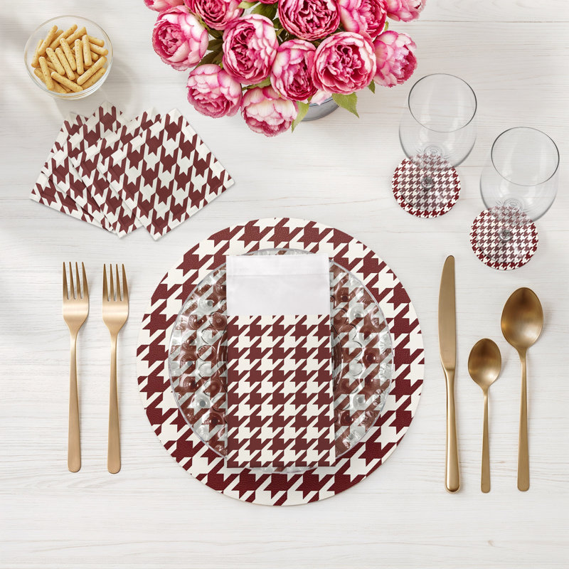 Houndstooth Black White Vegan Leather Round Coasters, Red White