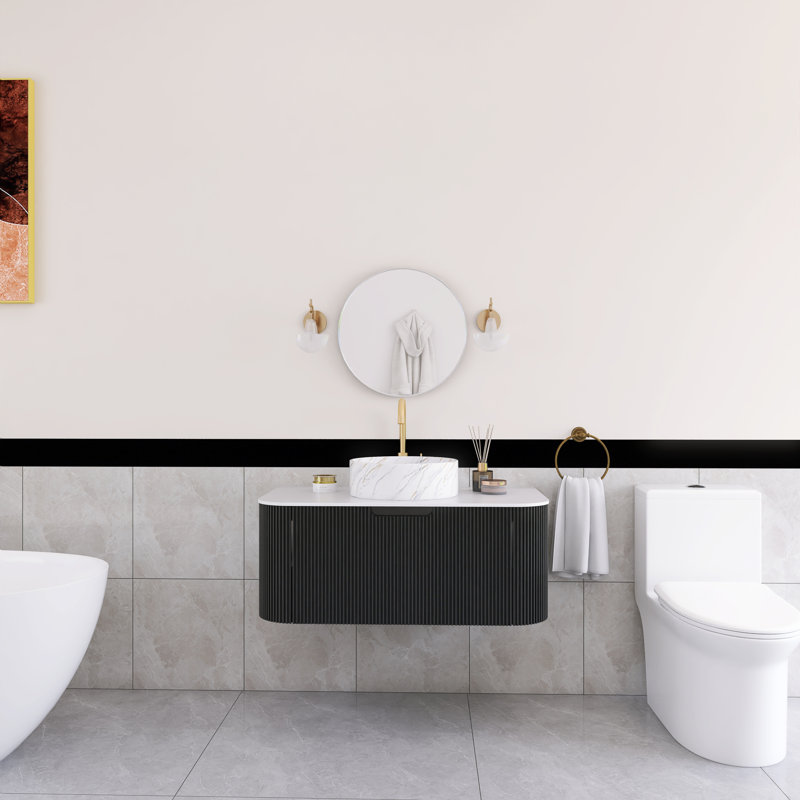Meuble-lavabo flottant mural 36 po noir avec plateau en marbre artificiel blanc, Noir