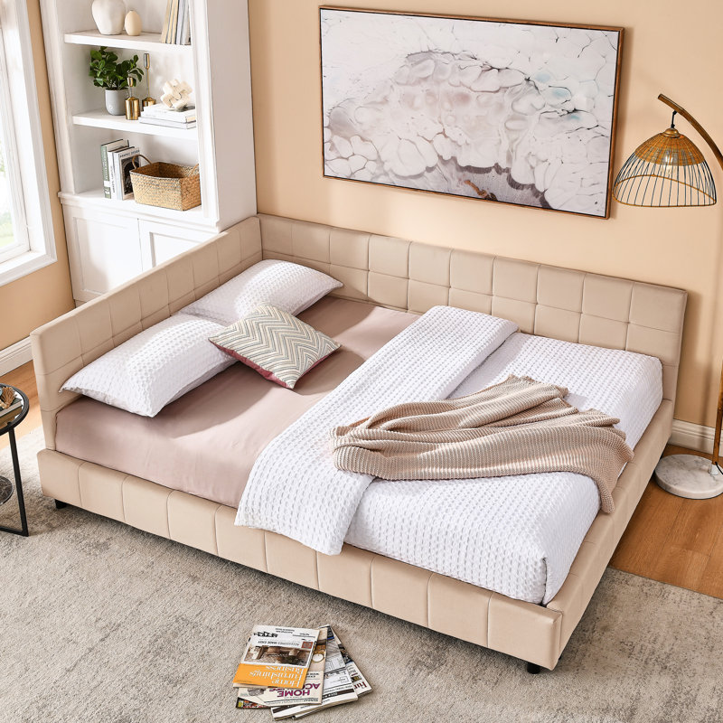 Lit de jour rembourré grand, tissu de velours rose, pour une décoration de chambre à coucher et de salon polyvalente, caractéristique stable