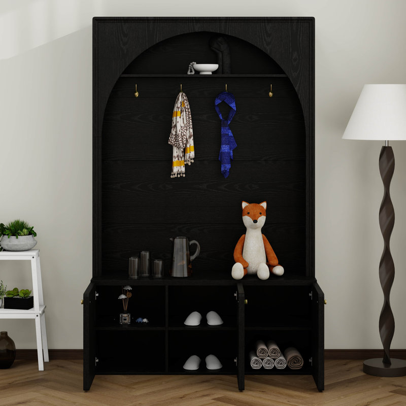 Arched Hall Tree With Storage Bench, 4 Golden Hooks, Entryway Bench With 3 Cabinets And Adjustable Shelves, Black