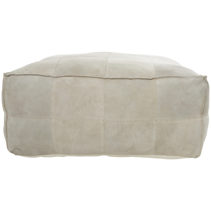 Sharita Gray Leather Low Profile Square Stuffed Pouf with Patchwork Design, Gray Genuine Leather