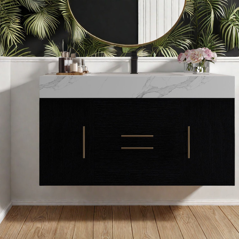Meuble-lavabo moderne avec rangement, armoire en bois et lavabo en céramique pour espaces compacts