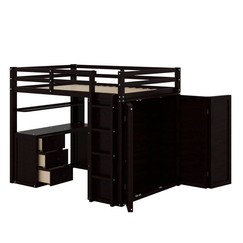 Full Loft Bed With Desk,Drawers And Wardrobe, Espresso