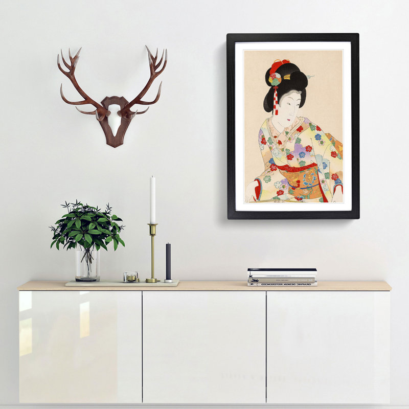 Woman in a Floral Dress by Toyohara Chikanobu - Framed Print, 36cm H x 27cm W x 2cm D, Black Framed