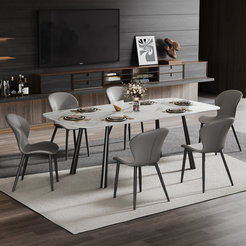 Ensemble de table de salle à manger 7 pièces en pierre frittée avec 6 chaises en cuir PU, Blanc