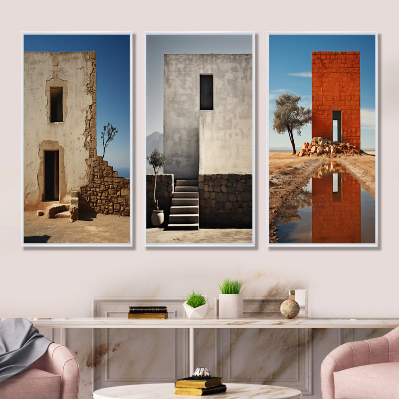 Monuments, imitation de paysages, ensemble de 3 reproductions d'art sur toile, H 40 po x l 60 po, Cadre flottant blanc