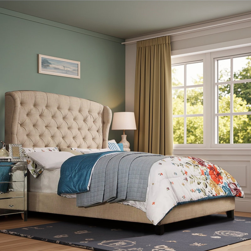 Fabric Upholstered Bed,Tufted Headboard Adjustable Height Bed Frame, Queen, Beige