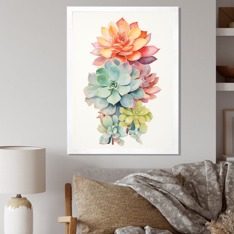 " Blossoming Succulent Tender Retro Blue Orange ", White Single Picture Frame, 44" H x 34" W x 1.5" D