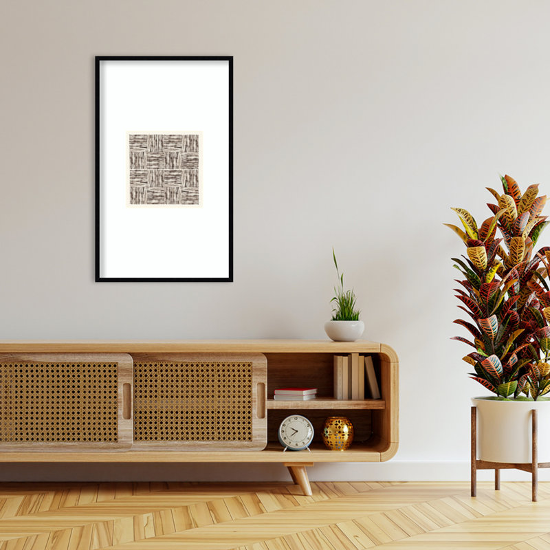 «Charcoal Striped Squares in Alternating Patterns» par Hazel J, impression sur bois encadrée, 41 x 25, Noir Svelte