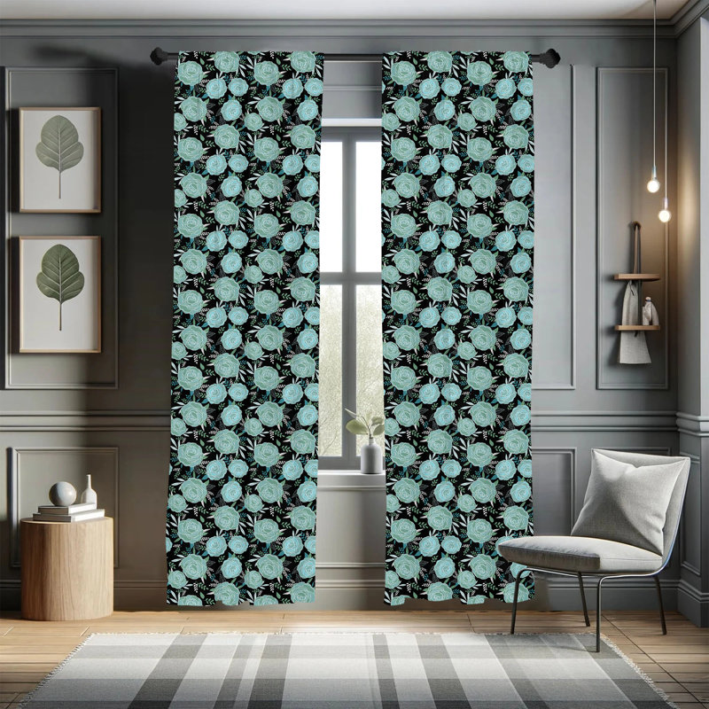 Charcoal Gray Floral Polyester Rod Pocket Curtain Panels