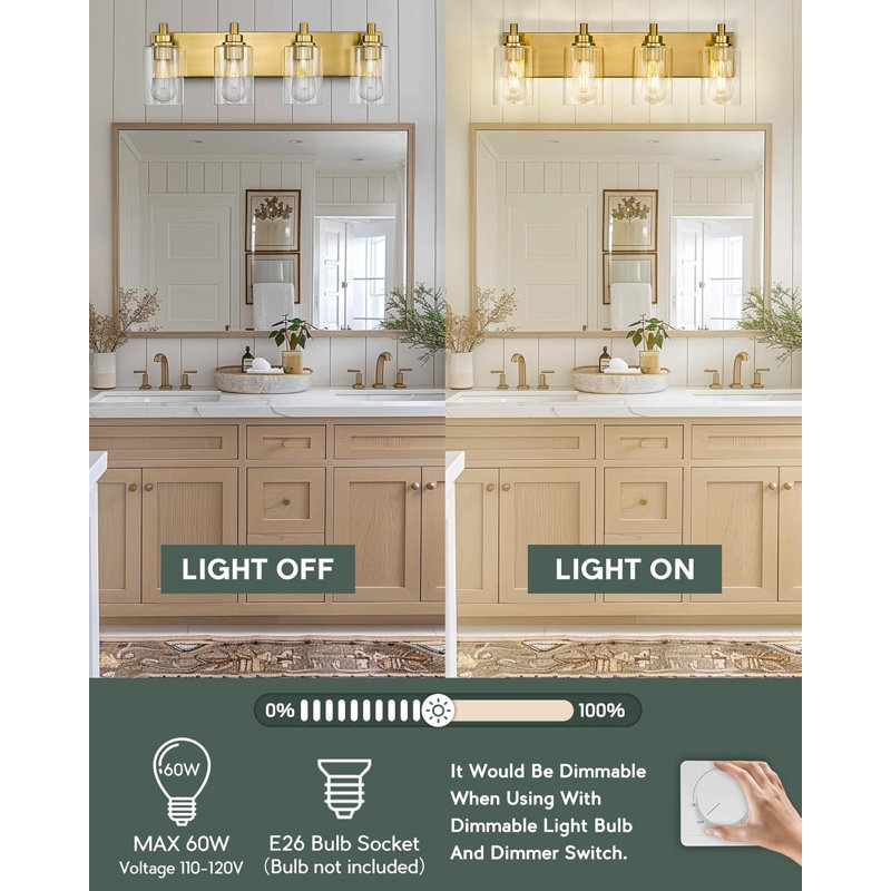 Luminaire de meuble-lavabo moderne à 4 lumières en or brossé avec abat-jour en verre transparent