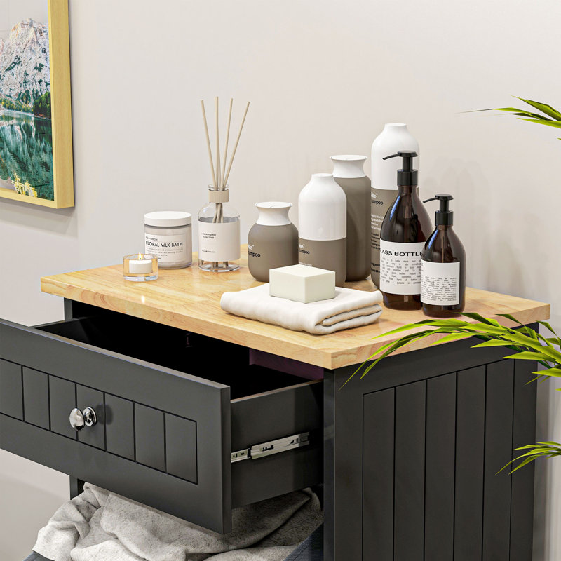 Black Wooden Kitchen Storage Cabinet with Light Wood Top