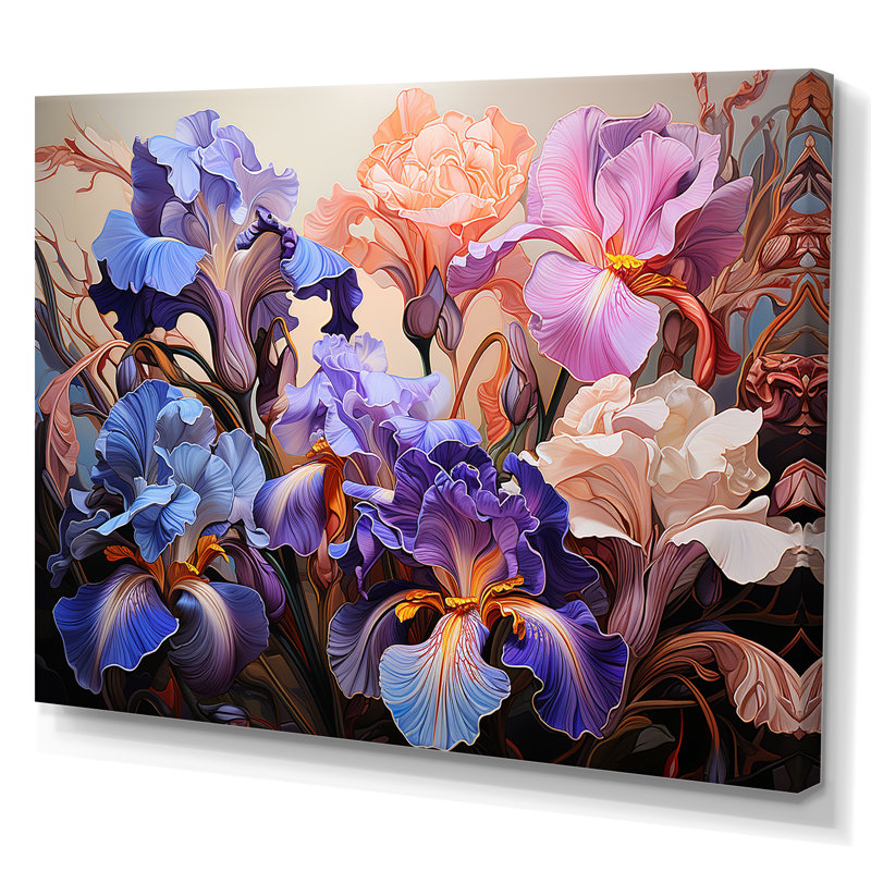 Mauve et rose, féroces iris, expression sauvage de fleurs sur toile, Toile tendue, H 12 po x l 20 po x P 1 po