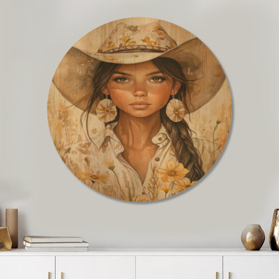 Portrait d'une cowgirl aux fleurs sauvages - Tableau rond pour femme, imprimé sur bois