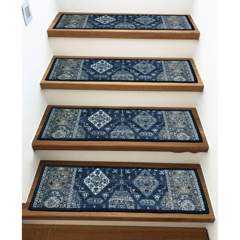 Tapis d'escalier bleu 8,5 po x 26 po Mahal, Ensemble de 7