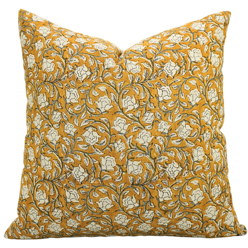 Linen Square Pillow Cover, 18"H x 18"W, Yellow Floral 2