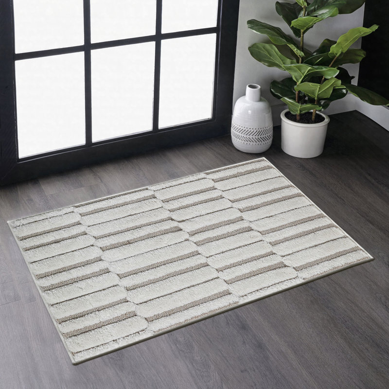 High-Low Striped Area Rug Polypropylene Stain Resistant Non-Shedding Beige Cream 2' x 3', Beige+Cream