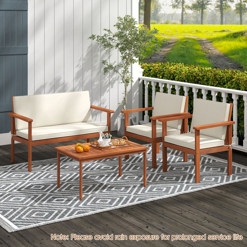 4 Pieces Patio Furniture Set Acacia Wood Porch Chairs w/ Table, 4 Pieces