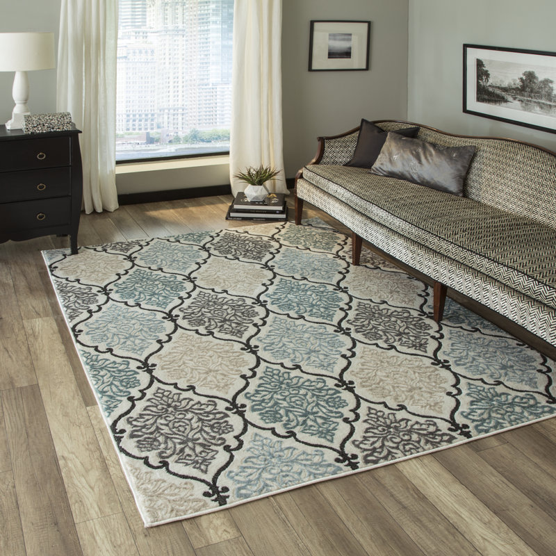 Tapis damas gris / bleu / ivoire Wickford, Rectangle 7 pi 10 po x 9 pi 10 po