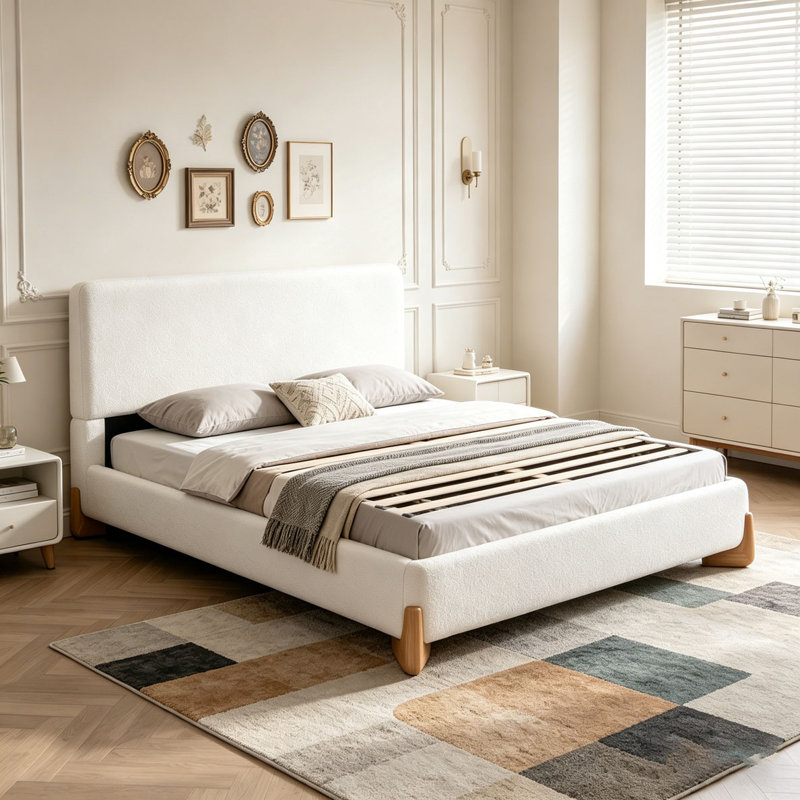 Lit tapissier, Blanc + polyester, Lit double