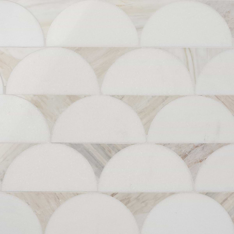 Moonrise 9x12 Half Moon Polished Thassos Marble Waterjet Mosaic Tile, Beige Sabbia