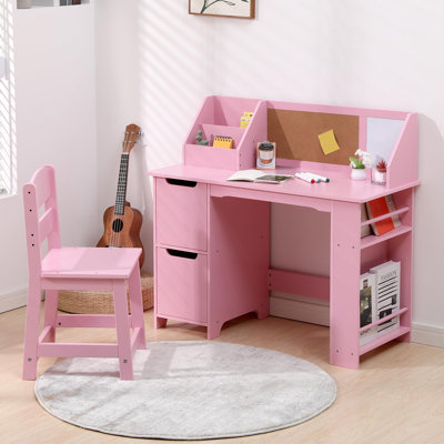 Ensemble de bureau et de chaise pour enfants, table d'apprentissage en bois avec rangement, huche et babillard, bureau d'ordinateur pour enfants avec chaise, petit bureau pour tout-petit pour la maison, école, blanc