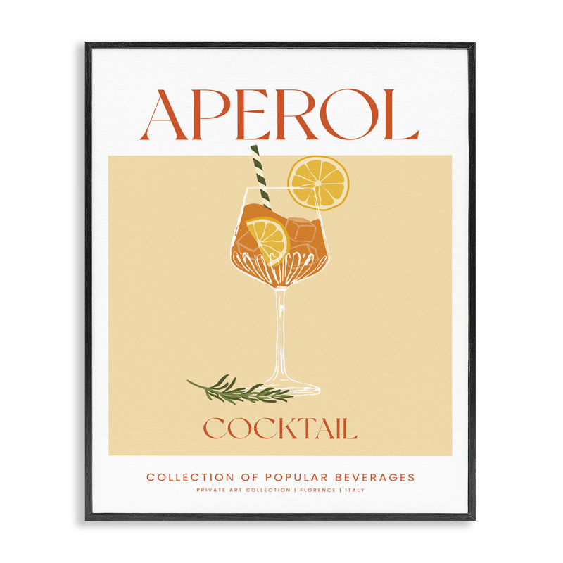 «Minimal Aperol Cocktail», estampe numérique, lettrée et doublée, H 14 po x l 11 po, Giclée encadrée noir minuit