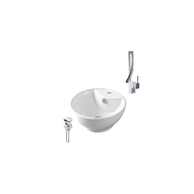 DROP Bath And Kitchen 18'' White Ceramic Circular Bathroom Sink with Faucet and Overflow