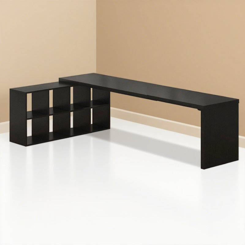 Bureau simple en L en bois massif noir avec bibliothèque intégrée, H 29,53 po x l 62,99 po x P 54,33 po