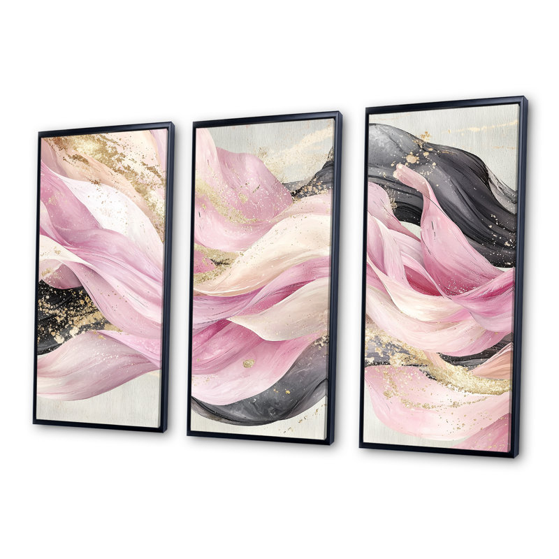 Ensemble de salon art mural abstrait rose et blanc captivant II, Toile avec cadre flottant noir, H 32 po x l 48 po x P 1 po