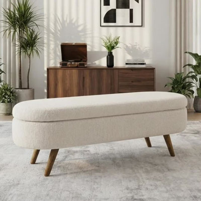 Oval Upholstered Flip‑Top Storage Ottoman Bench, Textured Fabric Entryway Bench with Tapered Solid Wood Legs, Multi‑Purpose End‑of‑Bed Bench for Bedro
