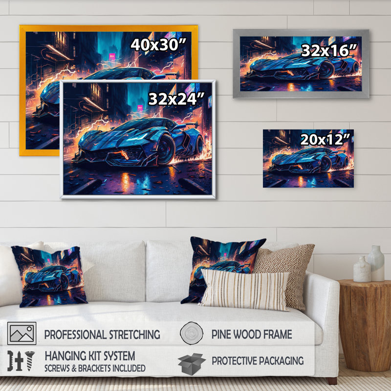 Art bleu sur toile exotique bleu et noir - Voiture de course exotique, H 12 po x l 20 po x P 1 po